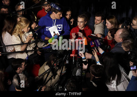 Presidential hopeful Ksenia Sobchak talks to the media at her last campaign event in Moscow on March 15, 2018 two days ahead of presidential elections in Russia. Photo by Yuri Gripas/UPI Stock Photo