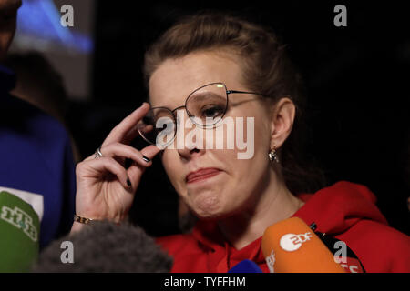 Presidential hopeful Ksenia Sobchak talks to the media at her last campaign event in Moscow on March 15, 2018 two days ahead of presidential elections in Russia. Photo by Yuri Gripas/UPI Stock Photo