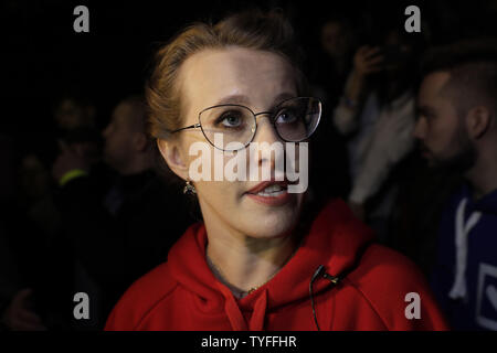 Presidential hopeful Ksenia Sobchak talks to the media at her last campaign event in Moscow on March 15, 2018 two days ahead of presidential elections in Russia. Photo by Yuri Gripas/UPI Stock Photo