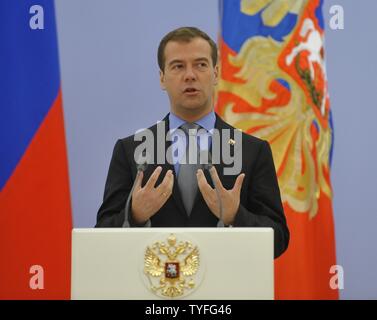 Russian President Dmitry Medvedev meets with national participants of Singapore 2010 Youth Olympic Games at his residence Gorki outside Moscow on August 30, 2010. UPI Photo/Alex Volgin.. Stock Photo