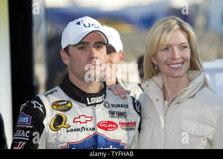 Jimmie Johnson and his wife Chandra celebrate Johnson's victory in the Subway 500 race at Martinsville Speedway in Martinsville, Virginia on October 22, 2006. (UPI Photo/Nell Redmond) Stock Photo