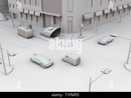 Clay rendering of traffic in modern city intersection. Connected cars concept. 3D rendering image. Stock Photo