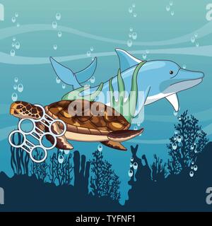 sad dolphin and turtle stuck Stock Vector