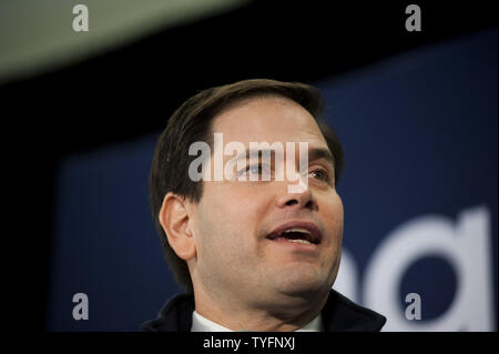 Republican Presidential candidate Marco Rubio speaks to the the crowd gathered for a pancake breakfast at Londonderry High School in Londonderry, New Hampshire on February 7, 2016.  New Hampshire will hold the first primary in the nation on February 9th.   Photo by Ryan McBride/UPI Stock Photo