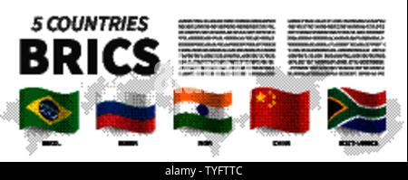 BRICS . Association of 5 countries and flags  and map . Waving flag design . Vector . Stock Vector