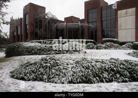 The campus of Loyola University in  uptown New Orleans is blanketed in snow December 11, 2008. The last time it snowed in the city was Christmas 2004. Before that, the last snow recorded was in 1989, according to the National Weather Service.  (UPI Photo/A.J. Sisco) Stock Photo