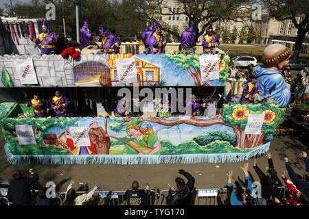 Bearing signs mocking the actors in various recent local political scandals, a float in the King Arthur parade rolls down St. Charles Avenue as Carnival gets under way in New Orleans February 7, 2010.  The parade season culminates on Mardi Gras, which is February 16 this year. UPI  /  A.J. Sisco Stock Photo