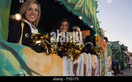 Members of the New Orleans Saintstations dance team roll through New Orleans in a victory parade February 9, 2010, to celebrate the Saints' victory in the Super Bowl.   UPI/A.J. Sisco Stock Photo