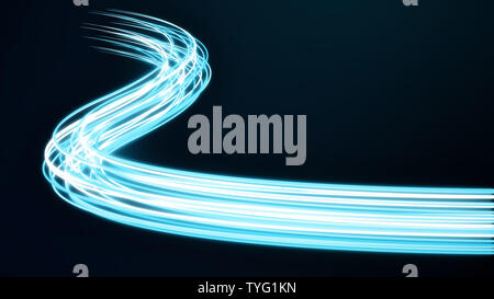 Abstract futuristic dynamic cyan neon stream. Digital data flow lines with power optical light cable. Connectivity and information transfer technology Stock Photo