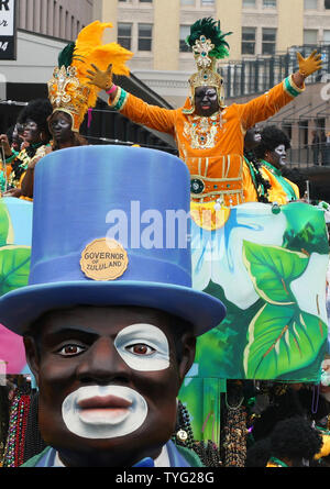 The 'governor' of the Zulu Social Aid and Pleasure Club greets his subjects on St. Charles Avenue in New Orleans on Mardi Gras, March 8, 2011. Zulu, a traditionally African-American Carnival organization, has been parading for over a hundred years.  (UPI/A.J. Sisco) Stock Photo