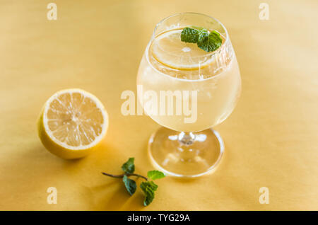 Beautiful kombucha cocktail of honey, ginger and lemon with vodka, decorated with mint leaf. Stock Photo