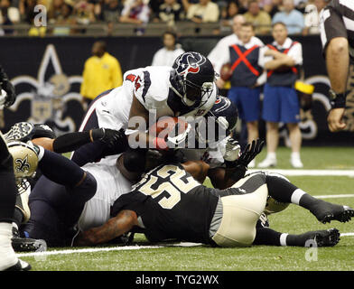 Houston Texans running back Ben Tate (44) dives into the endzone for a 1-yard touchdown during first quarter action against the New Orleans Saints at the Mercedes-Benz Superdome in New Orleans, Louisiana on August 25, 2012.   UPI/A.J. Sisco Stock Photo