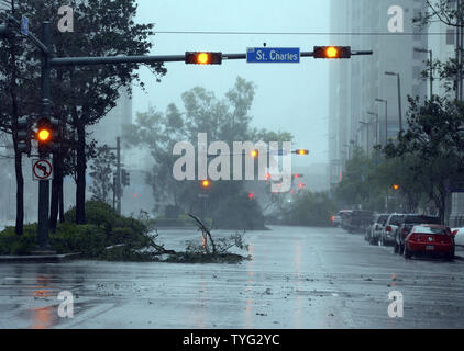 Trees downed by Hurricane Isaac block Poydras Street in downtown New Orleans August 29, 2012. Hurricane Isaac is expected to slowly churn through Southeast Louisiana for the next 24 hours.  UPI/A.J. Sisco Stock Photo