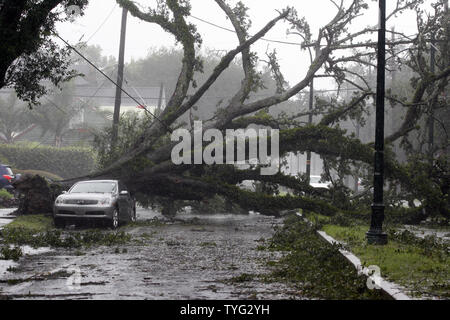 A car is crushed by a giant oak downed by Hurricane Isaac on St. Charles Avenue in uptown New Orleans August 29, 2012. Hurricane Isaac is expected to slowly churn through Southeast Louisiana for the next 24 hours.  UPI/A.J. Sisco Stock Photo