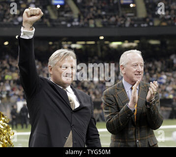 With Saints former quarterback Archie Manning standing by his side, Morten Andersen, (L) the National Football Leagues all-time leading score is inducted into the Saints Ring of Honor December 21, 2015. Andersen was kicker for the Saints for 13 seasons, from 1982 to 1994.  Photo by A.J. Sisco/UPI Stock Photo