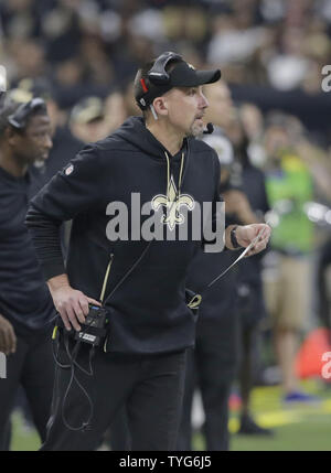 New Orleans Saints defensive coordinator Dennis Allen calls a play from the sideline during the game with the Carolina Panthers at the Mercedes-Benz Superdome in New Orleans December 30, 2018. Photo by AJ Sisco/UPI. Stock Photo