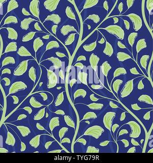 Beautiful flowing green hand drawn foliage design. Seamless vector pattern on textured midnight blue background. Great for wellbeing, cosmetic, food Stock Vector
