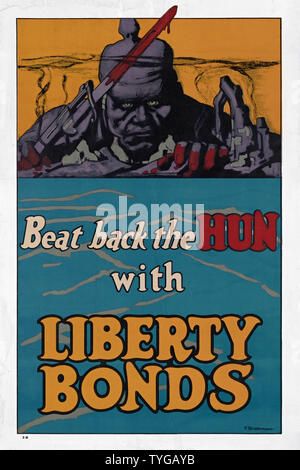 Beat Back The Hun With Liberty Bonds.  A First World War poster created by the United State’s Division of Pictorial Publicity, with the double purpose of raising money for the war effort and dehumanizing and vilifying the German enemy.  The poster was designed by Frederick Strothmann. Stock Photo