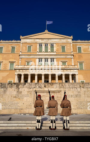 Athens Greece. Changing of the guard in Syntagma square in front of the Hellenic Parliament Stock Photo