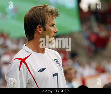 England's David Beckham (7) surveys the field in the  World Cup soccer action in Nuernberg, Germany on June 15, 2006. England defeated Trinidad & Tobago  2-0.  (UPI Photo/Arthur Thill) Stock Photo