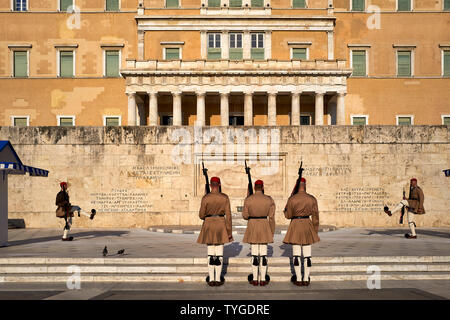 Athens Greece. Changing of the guard in Syntagma square in front of the Hellenic Parliament Stock Photo