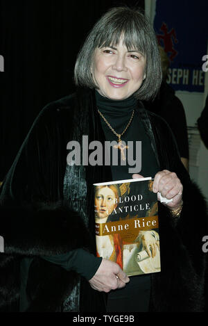 Anne Rice signs copies of her new book 'Blood Canticle' at Barnes & Noble in New York on October 30, 2003.   (UPI/LAURA CAVANAUGH Stock Photo