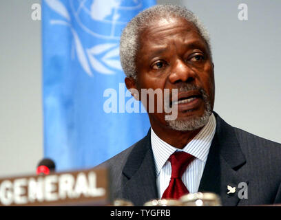 UN Secretary General Kofi Annan discuss the results of joint meetings between the Coalition Provisional Authority and Iraqi Governing Council on Jan. 19, 2004 at the United Nations in New York.  (UPI/Ezio Petersen) Stock Photo