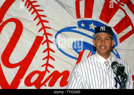 Reigning American League Most Valuable Player Alex Rodriguez smiles during his Feb. 17, 2004 press conference at New York's Yankee Stadium after he was introduced as the newest nember of the New York Yankees. (UPI/Ezio Petersen) Stock Photo