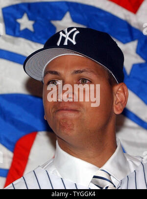 Reigning American League Most Valuable Player Alex Rodriguez answers questions during his Feb. 17, 2004 press conference at New York's Yankee Stadium after he was introduced as the newest nember of the New York Yankees. (UPI/Ezio Petersen) Stock Photo