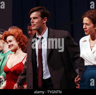 Actors Carla Gugino, Peter Krause, Jessica Hecht (l to r) take their July 29, 2004 Broadway opening night curtain call bows in the Arthur Miller play 'After the Fall' (UPI Photo/Ezio Petersen) Stock Photo