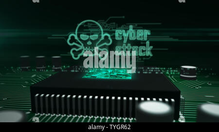 Cyber attack and skull glowing hologram over working cpu in background. Danger alert, threat, infection and warning abstract concept with skull symbol Stock Photo