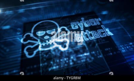 Cyber attack and skull glowing hologram over working cpu in background. Danger alert, threat, infection and warning abstract concept with skull symbol Stock Photo