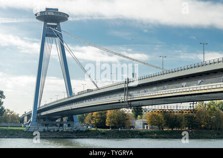 Bridge of the Slovak National Uprising (Most SNP or UFO Bridge) in Bratislava, Slovakia. Stock Photo