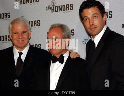 Actors Steve Martin (left) and Ben Affleck turn out to support  Lorne Michaels (center) director and creator of Saturday Night Live  who was honored  at the 5th Annual Directors Guild of America honors on Sept. 29, 2004 in New York.  (UPI Photo/Ezio Petersen) Stock Photo