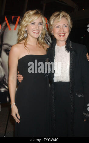 Actress Kate Winslet poses with New York Senator Hillary Rodham Clinton (right) at the Oct. 25, 2004 New York premiere for Winslet new film 'Finding Neverland' which was held at the Brooklyn Museum in New York.  (UPI Photo/D.Van) Stock Photo