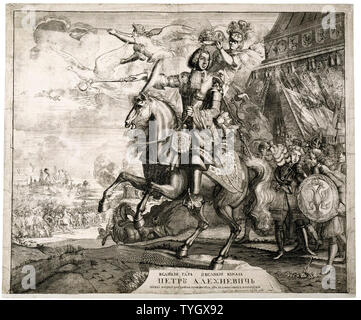 Peter Pikart, Peter the Great of Russia, 1672-1725, against the backdrop of battles, equestrian portrait, circa 1707 Stock Photo
