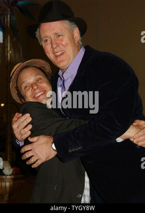 Actor John Lithgow and Norbert Leo Butz (left) performs a scene on January 12, 2005  from their upcoming Broadway musical 'Dirty Rotten Scoundrels' which is written by David Yazbek who gained fame with his previous hit musical 'The Full Monty'  (UPI Photo/Ezio Petersen) Stock Photo