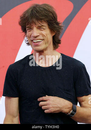 Mick Jagger poses on May 10, 2005 for the media at New York's Lincoln Center after performing and chatting about the upcoming 2005/2006 world tour for the Rolling Stones.  (UPI Photo/Ezio Petersen) Stock Photo