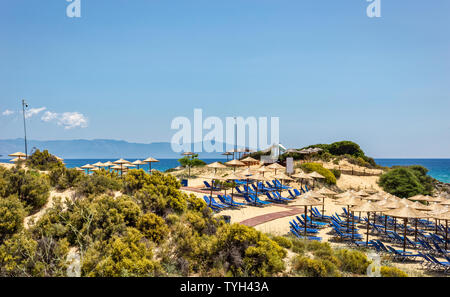 Panoramic view to one of the many bars on the beach Amolofoi in Northern Greece, Europe. Stock Photo