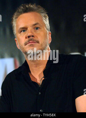 Actor Tim Robbins and director Steven Spielberg (not shown) field questions on June 22, 2005 from local and international media members regarding their new film 'War of the Worlds' which stars Tom Cruise.   (UPI Photo/Ezio Petersen) Stock Photo