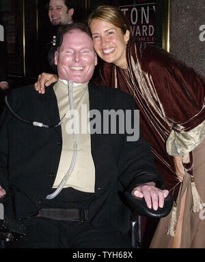 The late actor Christopher Reeve and wife Dana are shown in June 2002. Dana announced on August 9, 2005 that she is under going treatment for lung cancer.She is 44 years old. (UPI Photo/Ezio Petersen) Stock Photo