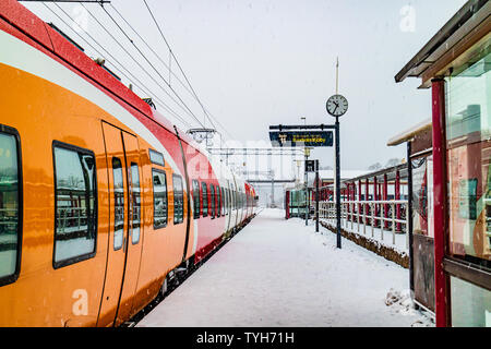 A local train service stopped at Tranas station in Smaland, bound for Boxholm. Tranas, Smaland, Sweden. January 2019. Stock Photo