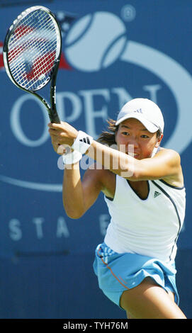 Ai Sugiyama of Japan, who is seeded fifth, plays doubles with Daniela Hantuchova of Slovakia versus Alexa Glatch and Vania King, both from the USA, during the US Open on September 1, 2005 in New York City.  (UPI Photo/Monika Graff) Stock Photo