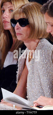 Vogue Fashion Editor Anna Wintour wears over sized shades to shield her eyes from bright runway lights at the Sept. 9, 2005 showing of designer Kenneth Cole 2006 Spring collection at Olympus Fashion Week in New York. (UPI Photo/Ezio Petersen) Stock Photo