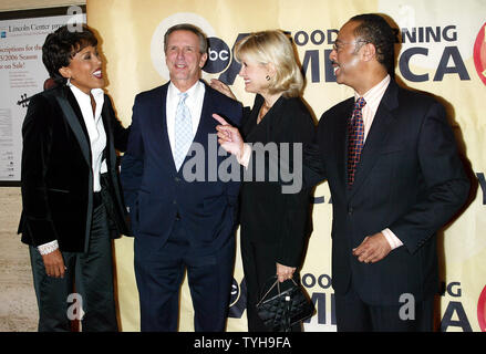 Current 'GMA' cast (left to right): Robin Roberts, Charles Gibson, Diane Sawyer and Tony Perkins arrive for the 'Good Morning America' 30th Anniversary Celebration at Lincoln Center in New York on October 25, 2005.   (UPI Photo/Laura Cavanaugh) Stock Photo