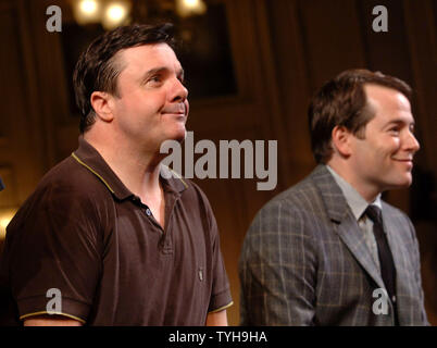 Actors Nathan Lane (left) and Matthew Broderick take their Oct. 27, 2005 opening night curtain call bows for the revival  Broadway production of Neil Simon's play 'The Odd Couple'  (UPI Photo/Ezio Petersen) Stock Photo