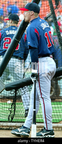 Atlanta Braves infielder Chipper Jones (#10) swings early during the game  at Citifield. The Mets defeated the Braves 3-0. (Credit Image: © Anthony  Gruppuso/Southcreek Global/ZUMApress.com Stock Photo - Alamy