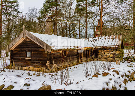 A traditional Swedish rural house in Skansen open-air museum, Stockholm, Sweden. January 2019. Stock Photo