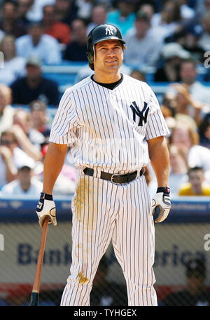 New York Yankees Johnny Damon reacts after a called strike in the bottom of the 6th inning at Yankees Stadium in New York City on May 17, 2006. The New York Yankees host the Texas Rangers.  (UPI Photo/John Angelillo) Stock Photo