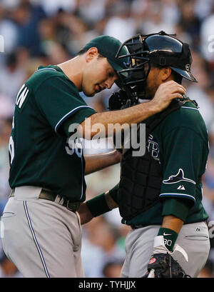 Tampa Bay Devil Rays Tim Corcoran puts his forearm to his head in the  second inning at Yankees Stadium in New York City on July 28, 2006. The  Tampa Bay Devil Rays